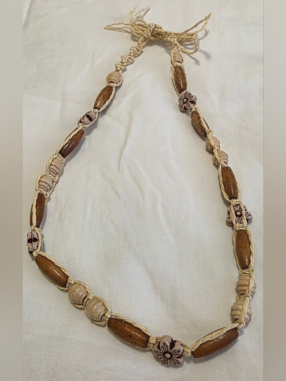 Artisan Raffia Macrame Wood Bead Floral Necklace Boho Handmade Adjustable